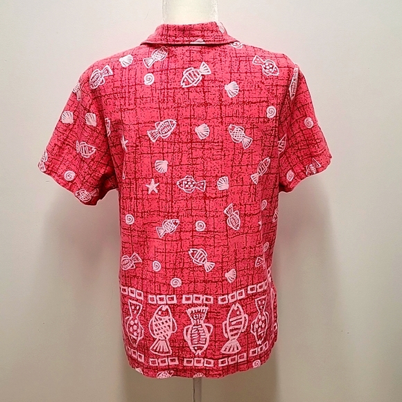 Dee California Blouse/Top Fish Seashells Starfish Button Front Collar Women's L - Picture 6 of 11